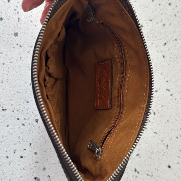 Patricia Nash Cassini Wristlet Leather Brown Turquoise Tooled Floral Zip Closure - Picture 4 of 12